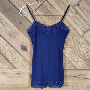 BLVD Lace Trim Camisole Women Size S Adjustable Strap Navy Blue